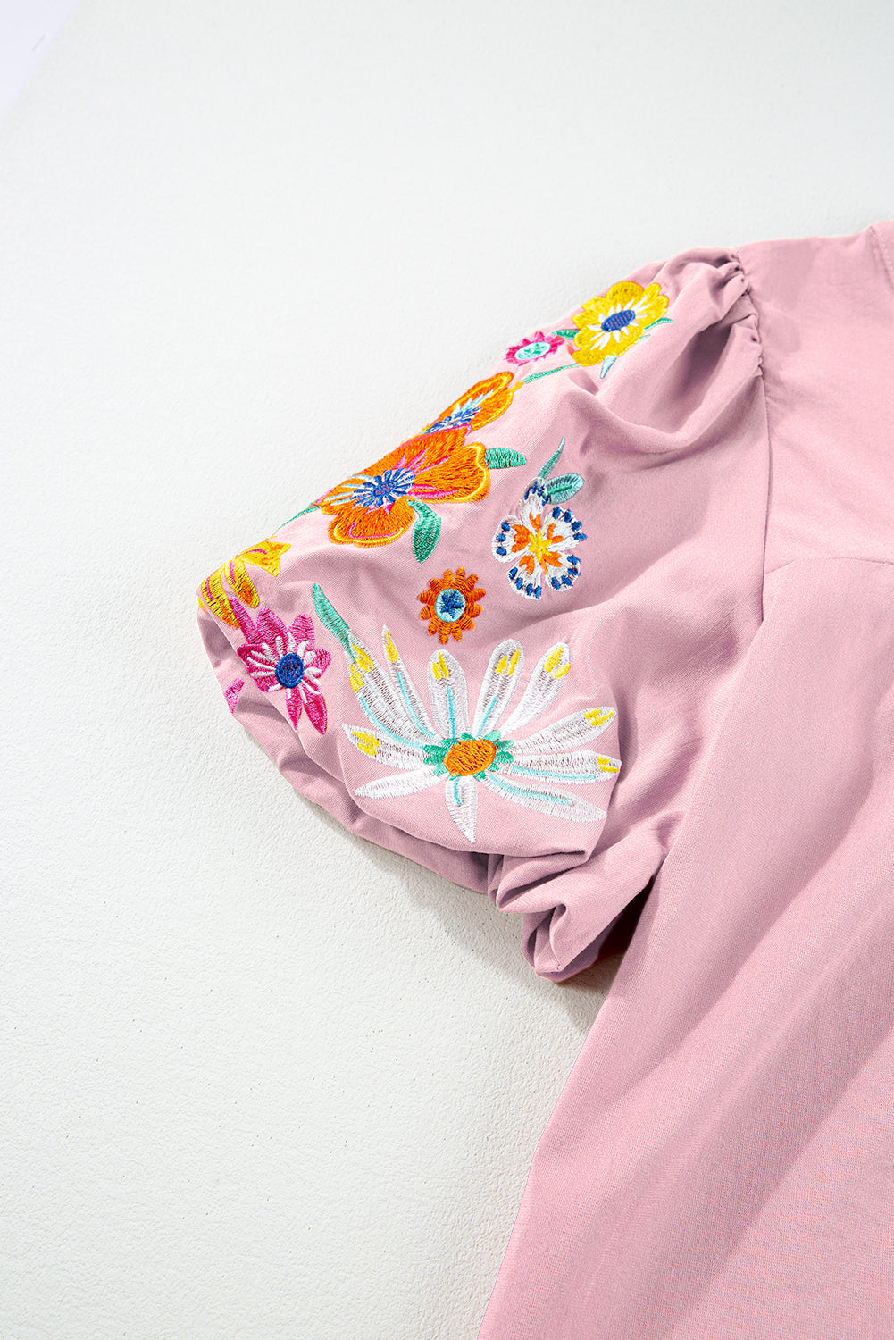 Clearly Aqua Floral Embroidered Puff Sleeve Split Neck Blouse