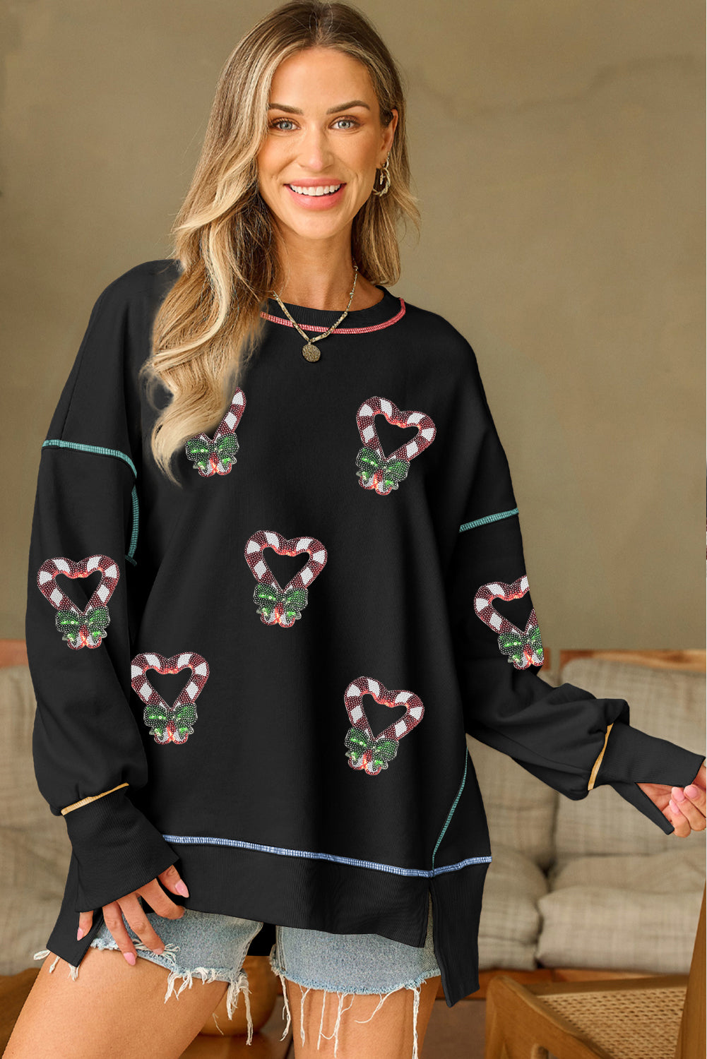 Black Christmas Candy Cane Heart Sequin Patch Graphic Contrast Seam Baggy Sweatshirt