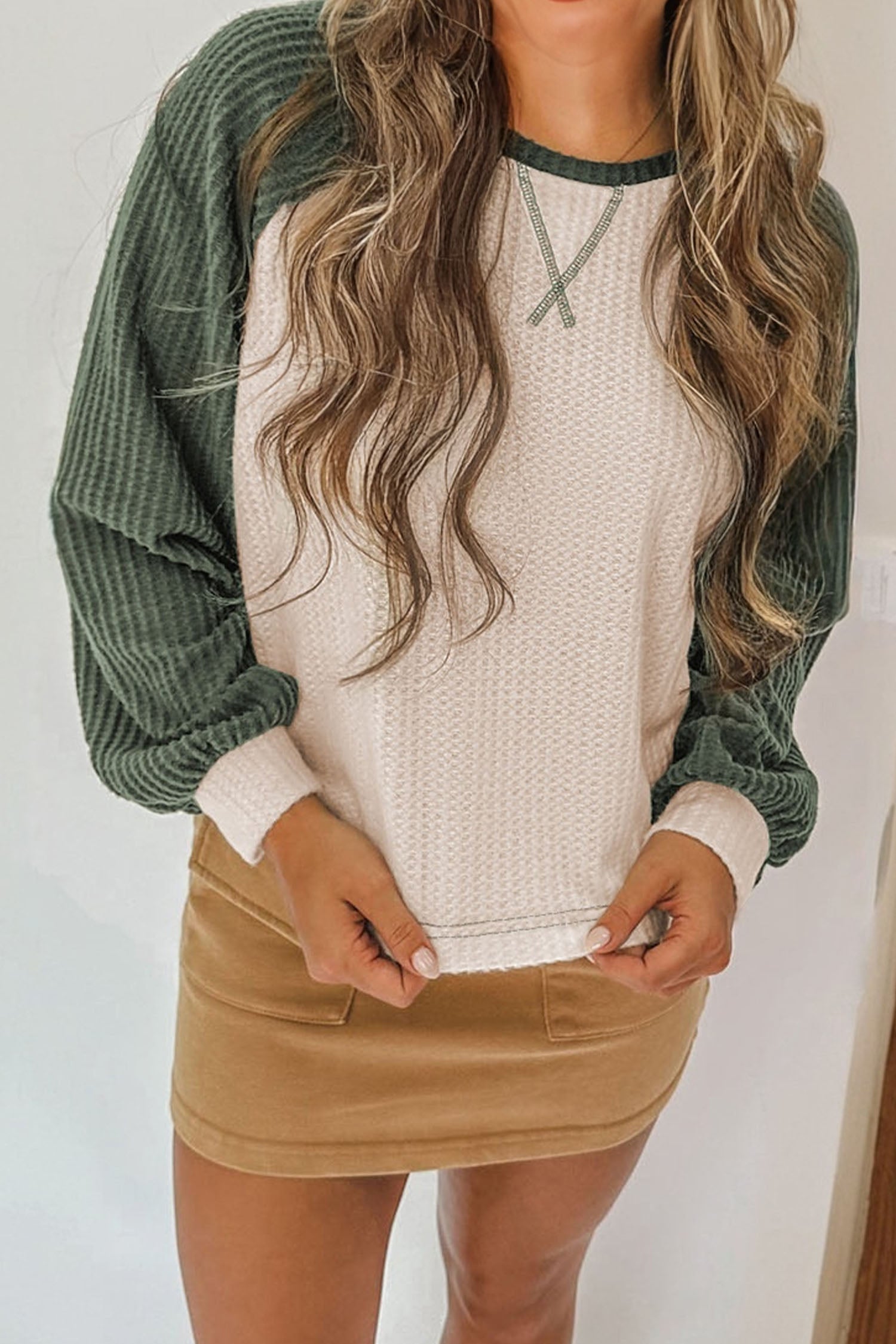 Mist Green Plus Size Waffled Color Block Long Sleeve Top