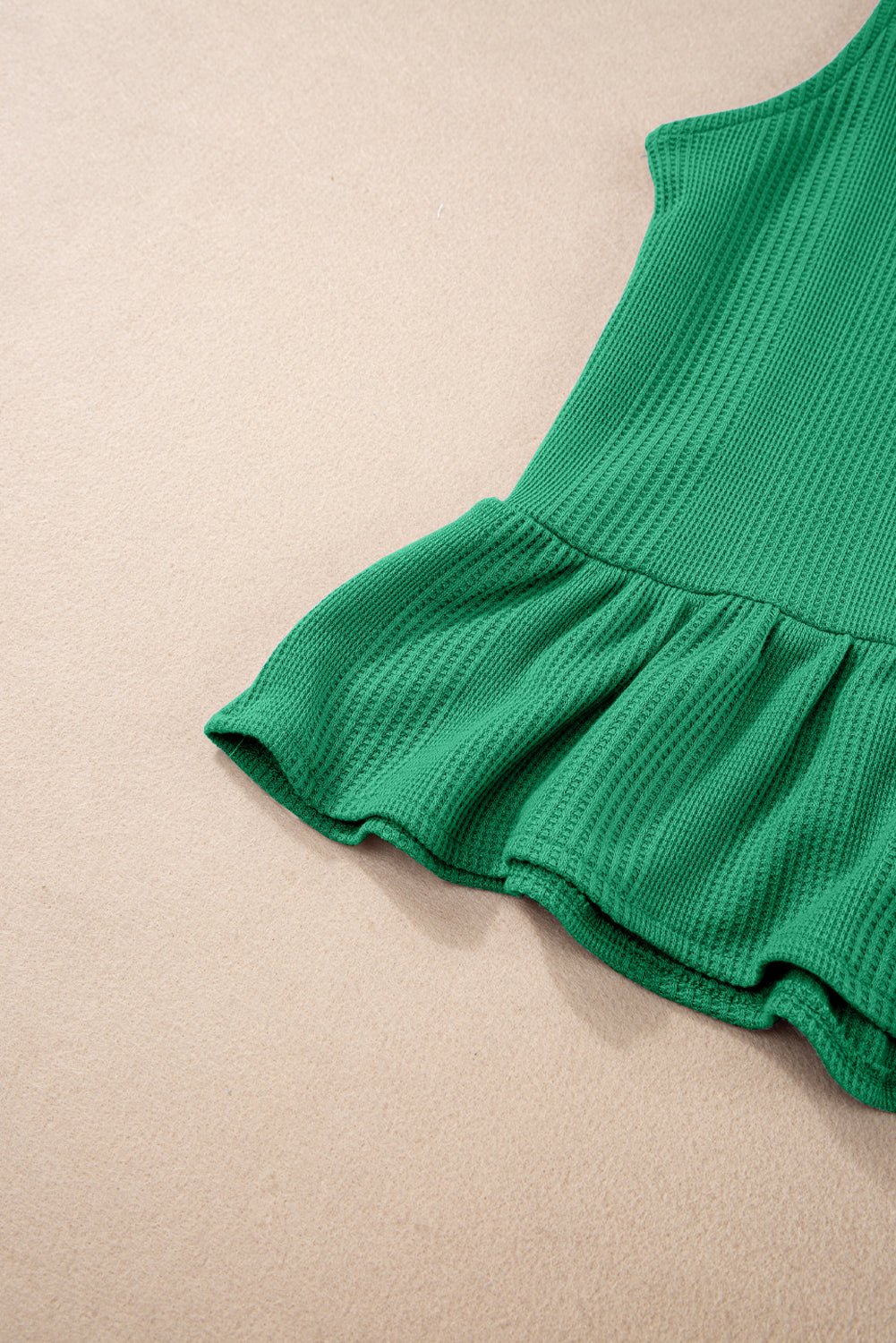 Beau Blue Solid Color Ribbed Ruffle Tank Top and Pants Set