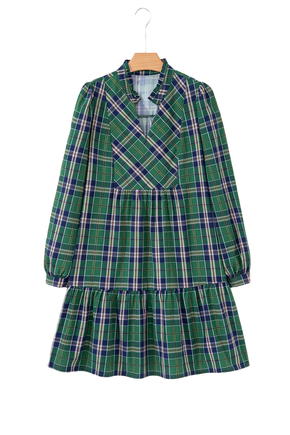 Green Plus Size Plaid Long Sleeve Notched Neck Shift Mini Dress
