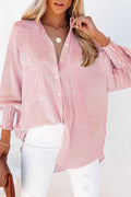 Red Stripe Smocked Cuffed Striped Boyfriend Shirt with Pocket
