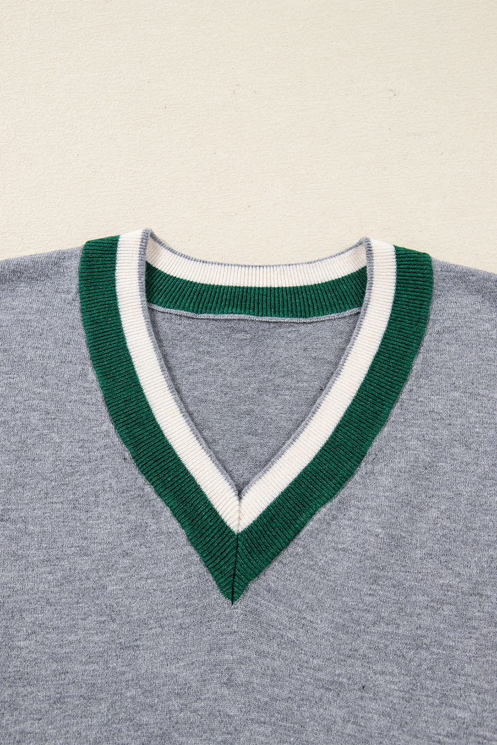 Black Contrast Striped Trim V Neck Varsity Sweater