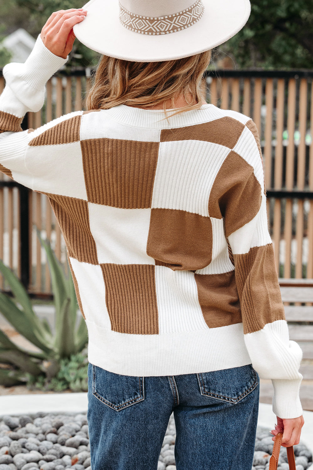 Khaki Checkered Ribbed Texture Knit Plus Size Cardigan Sweater