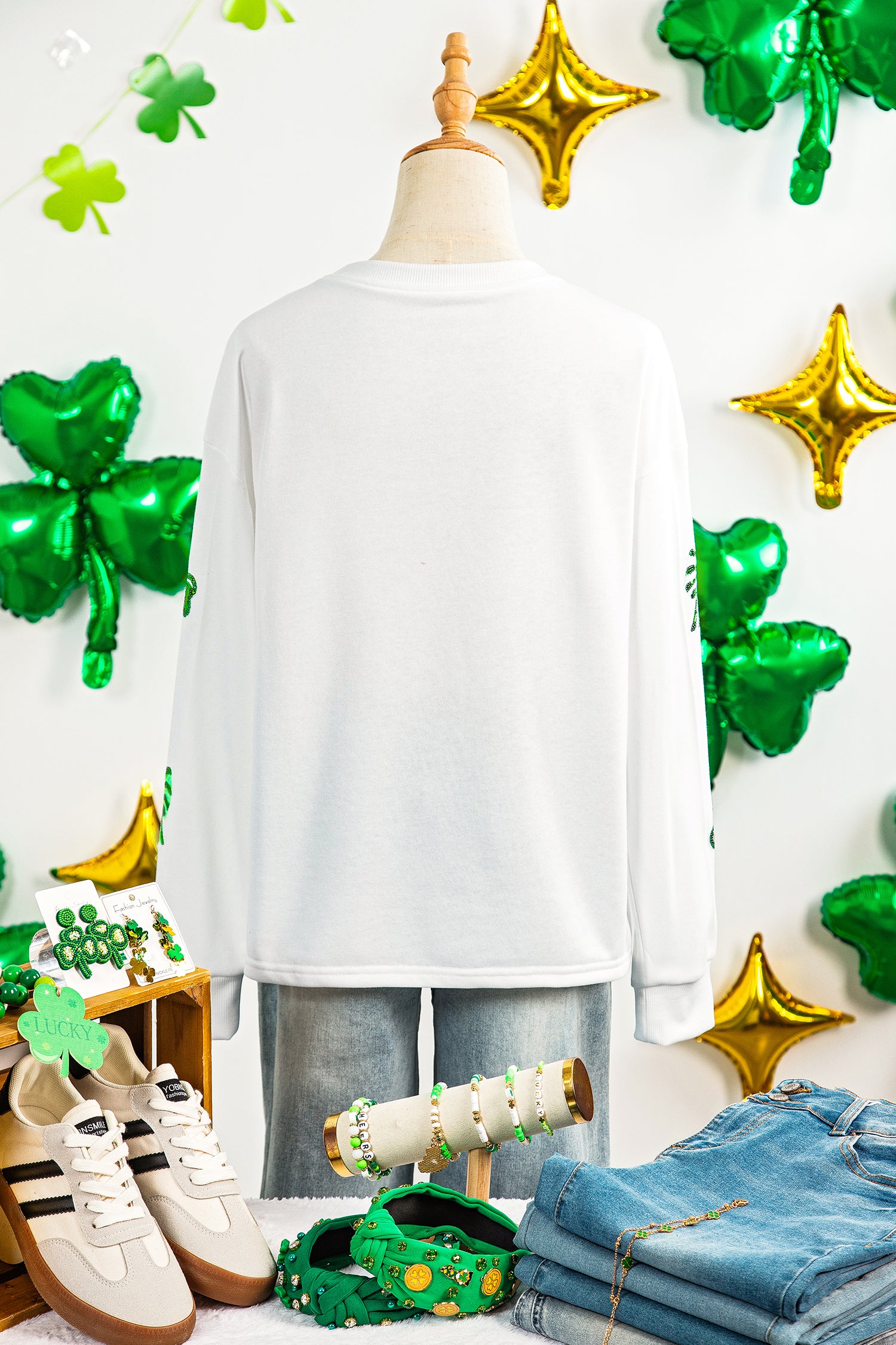 White LUCKY Clover Embroidered Long Sleeve Top
