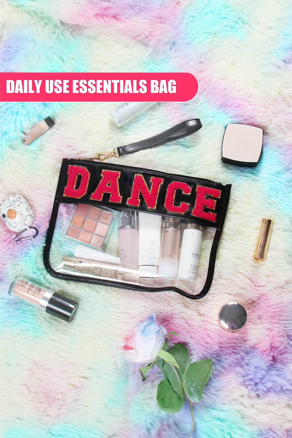 Fiery Red CHEER Chenille Letter PU Leather Patchwork Clear Makeup Bag