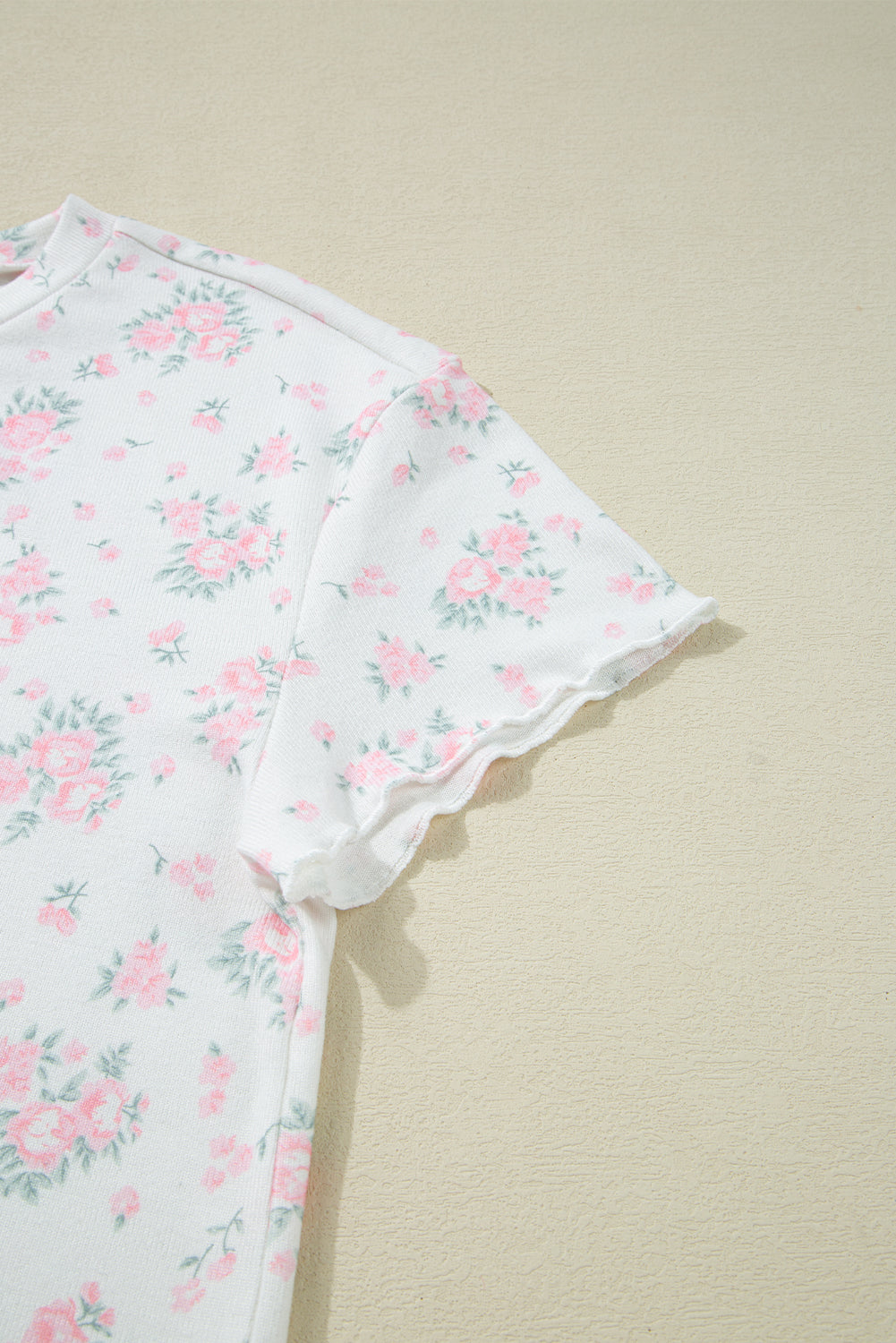Pink Floral Lettuce Trim Tee and Shorts Ribbed Lounge Set