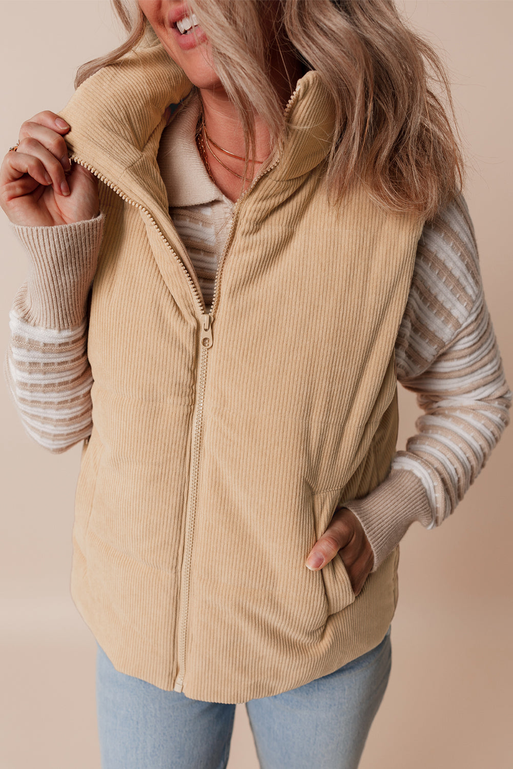 Beige Corduroy Stand Neck Zipped Puffer Vest
