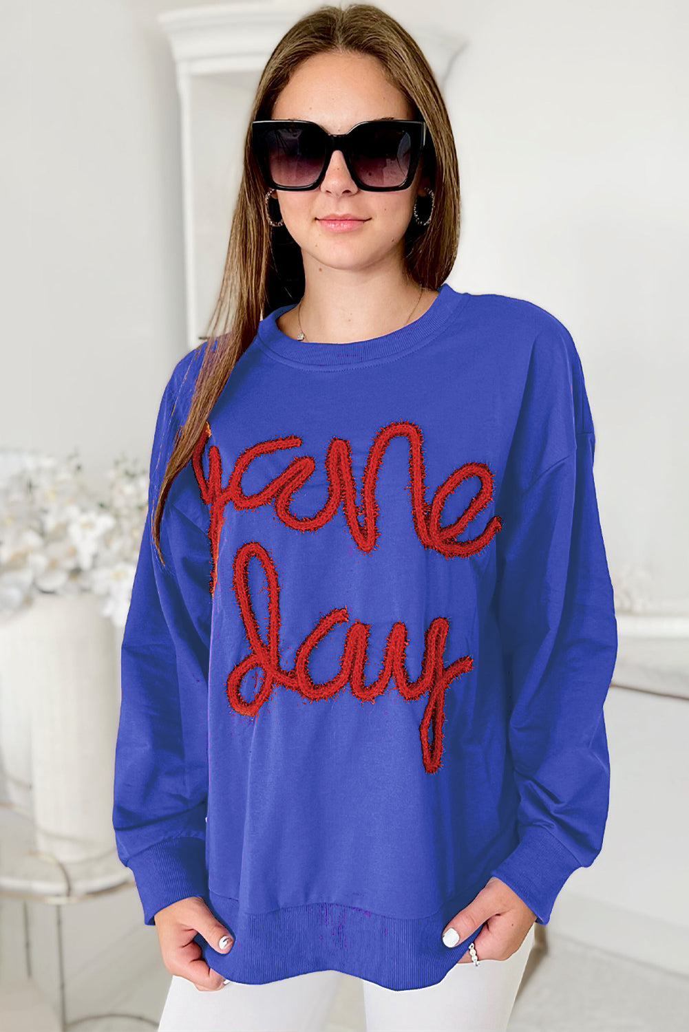 Russet Orange Tinsel Game Day Drop Shoulder Graphic Sweatshirt
