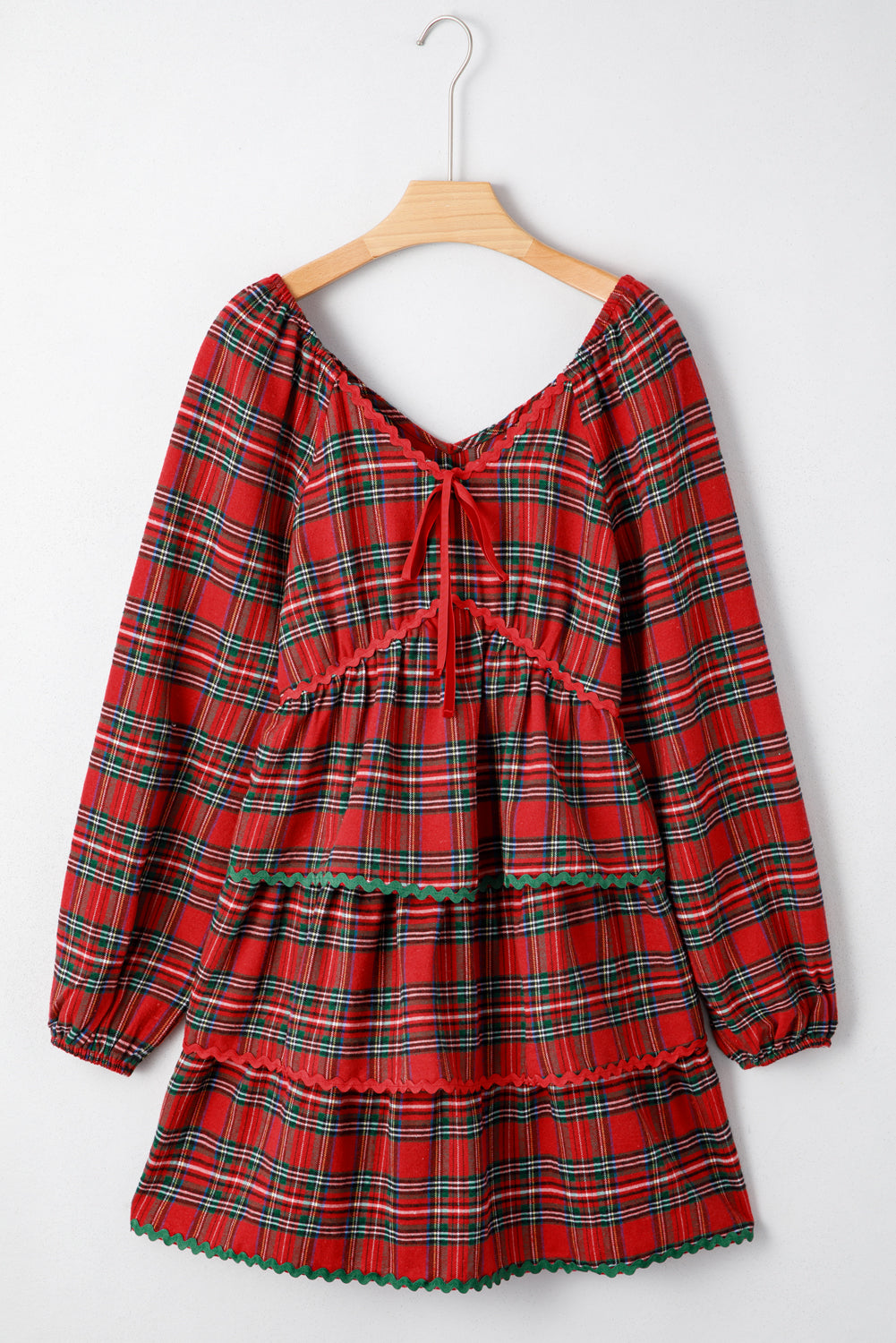 Red Plaid Print Ricrac Tiered Bubble Sleeve Mini Dress