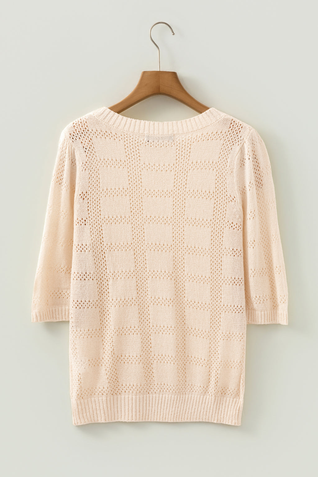 White Plaid Pattern Crochet Knit Short Sleeve Sweater