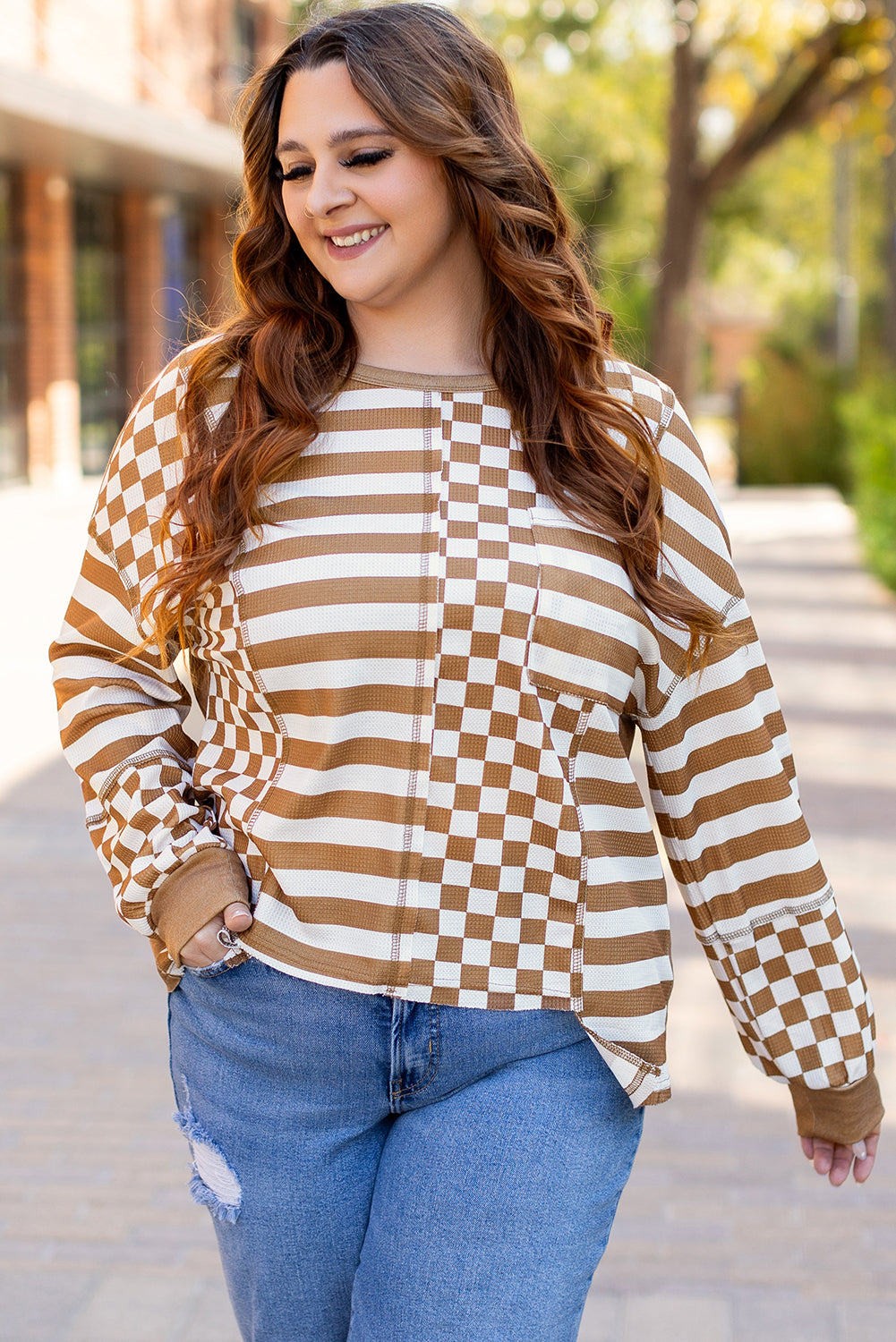 Khaki Checkerboard Striped Patchwork Lantern Sleeve Pocketed Blouse