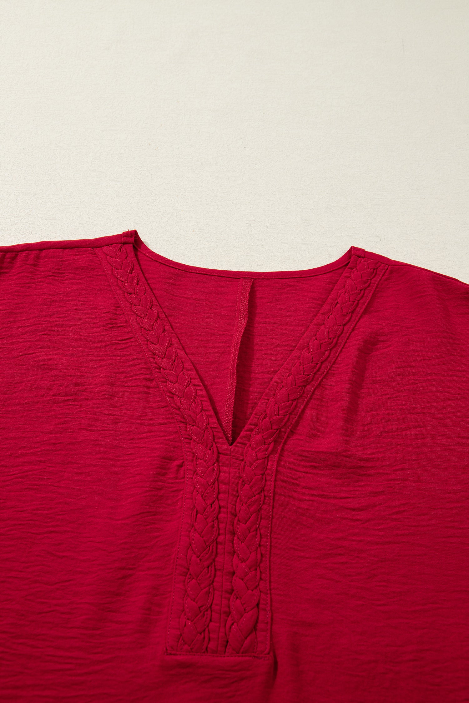 Racing Red Braided Trim V Neck Half Sleeve Blouse