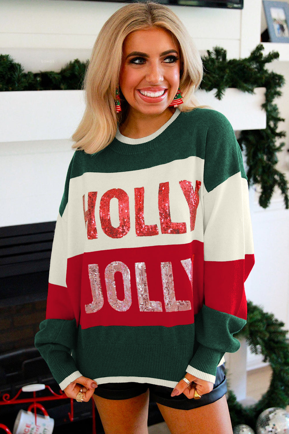 Pink Sequined HOLLY JOLLY Color Block Crew Neck Sweater