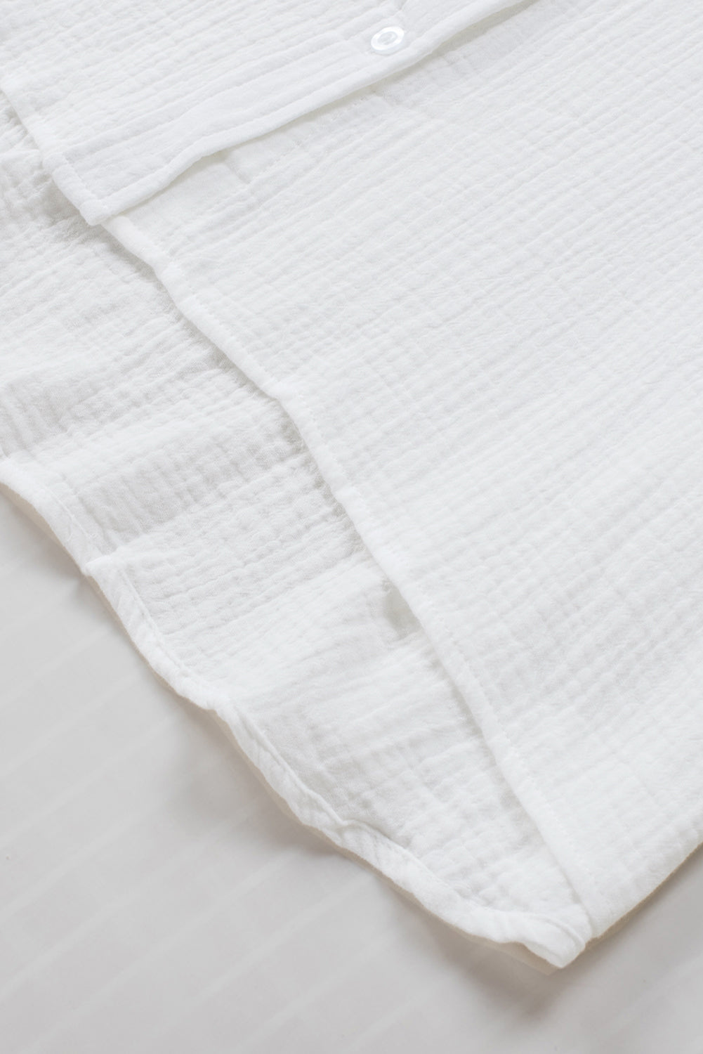White Textured Cotton Gauze Single Chest Pocket 3 4 Sleeve Oversize Shirt