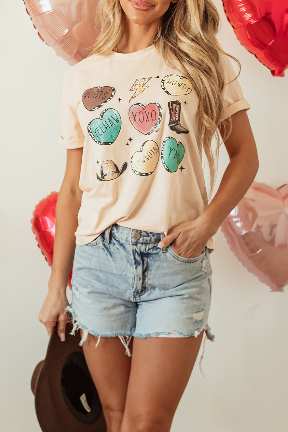 Red Leopard Striped Heart Shaped Print Crew Neck T Shirt