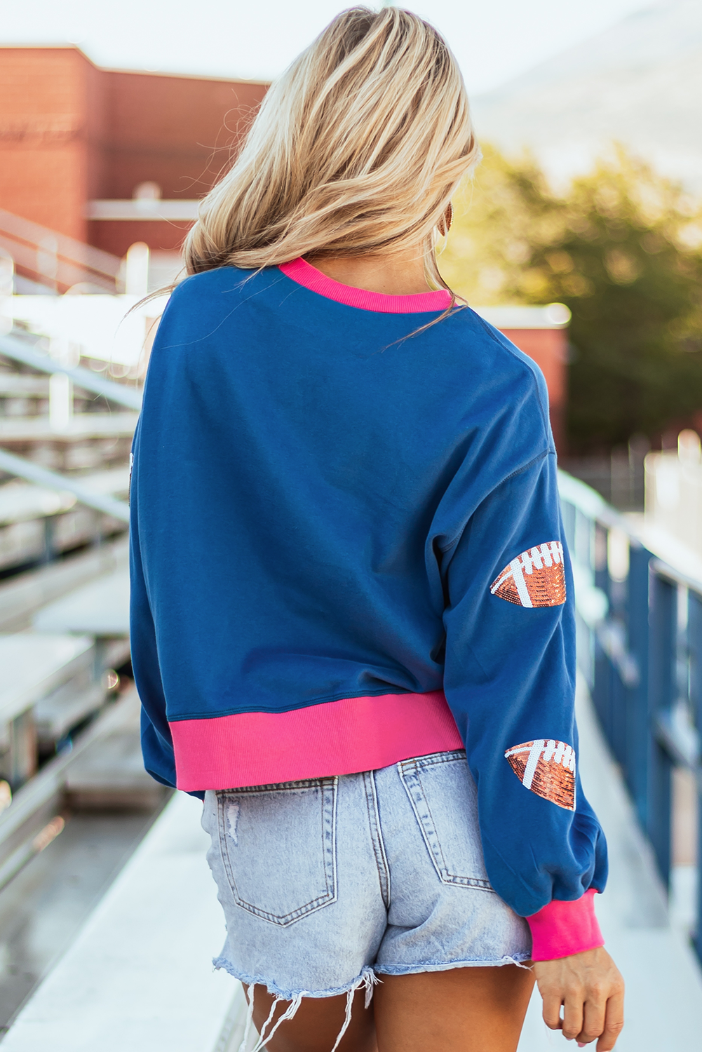 Blue Colorblock Bubble Sleeve Sweatshirt