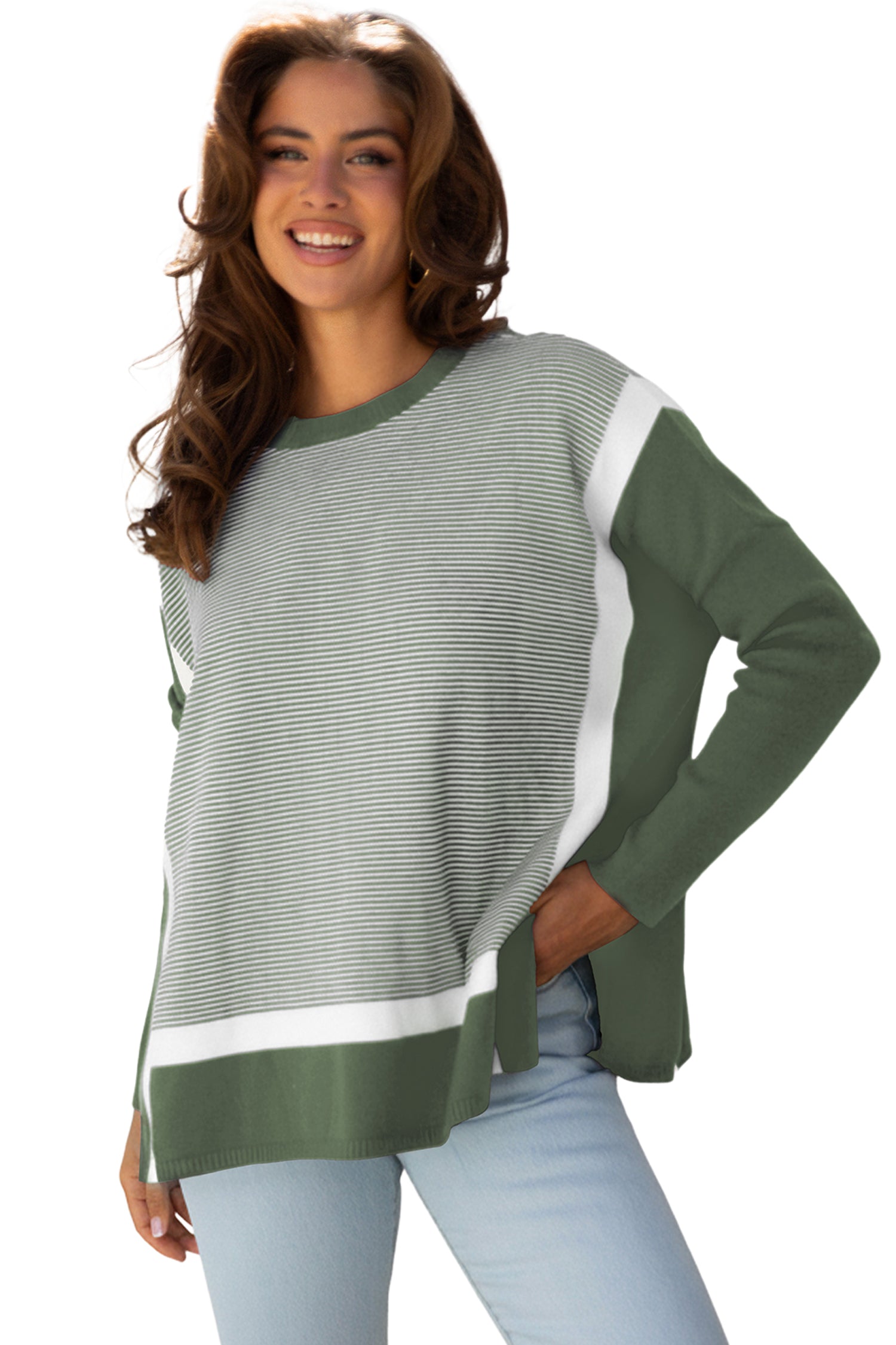 Blue Stripe Color Block Patchwork Dolman Oversize Tunic Sweater