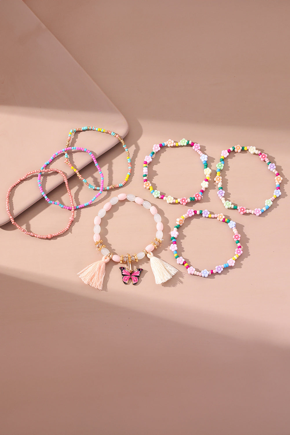 Peach Blossom 7pcs Handmade Beaded Bohemian Style Butterfly Tassel Bracelet Set
