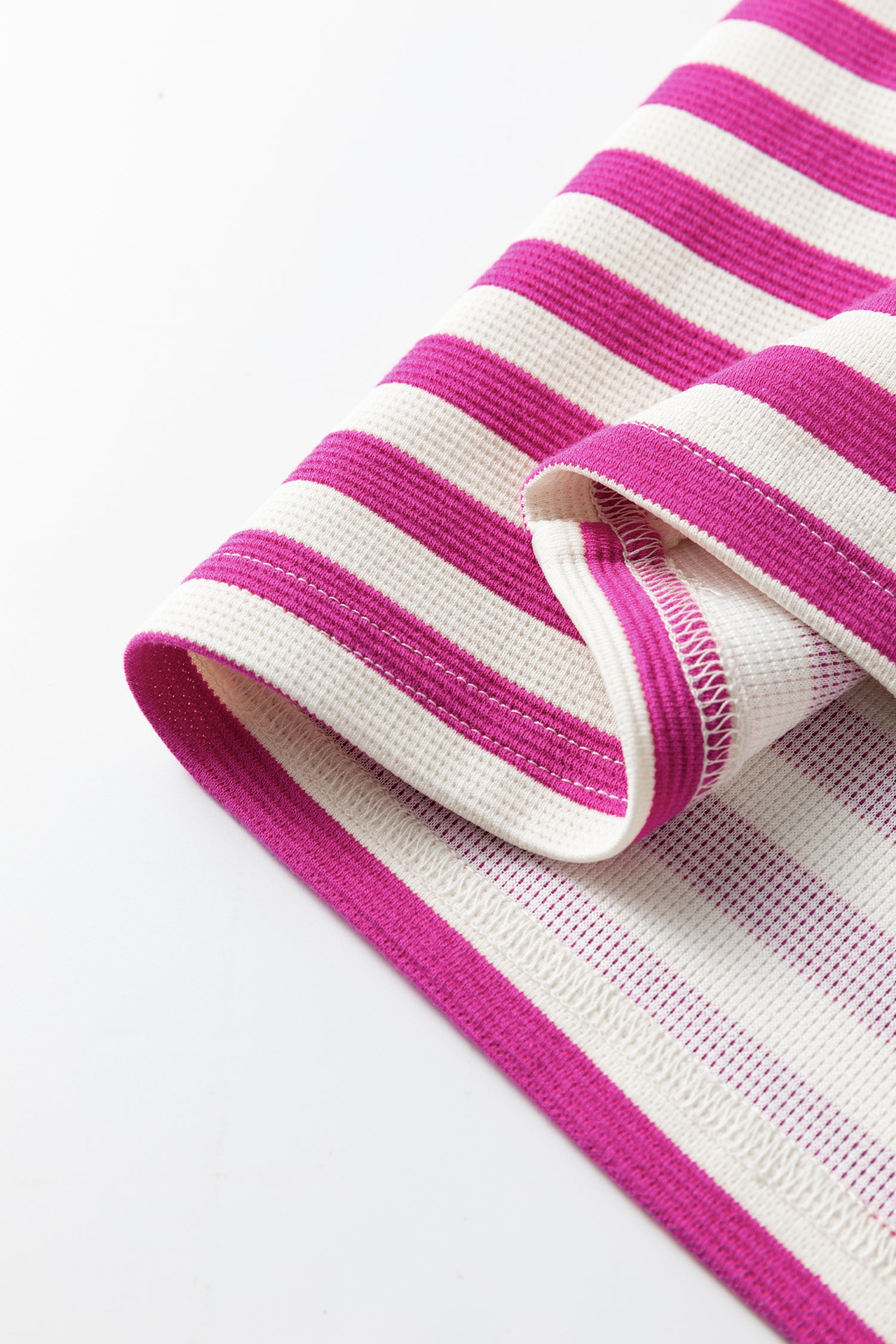 Green Stripe Short Puff Sleeve Contrast Trim Round Neck Tee