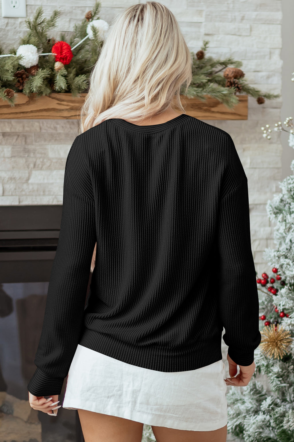 Black MERRY Corded Long Sleeve Top and Pockets Pants Set