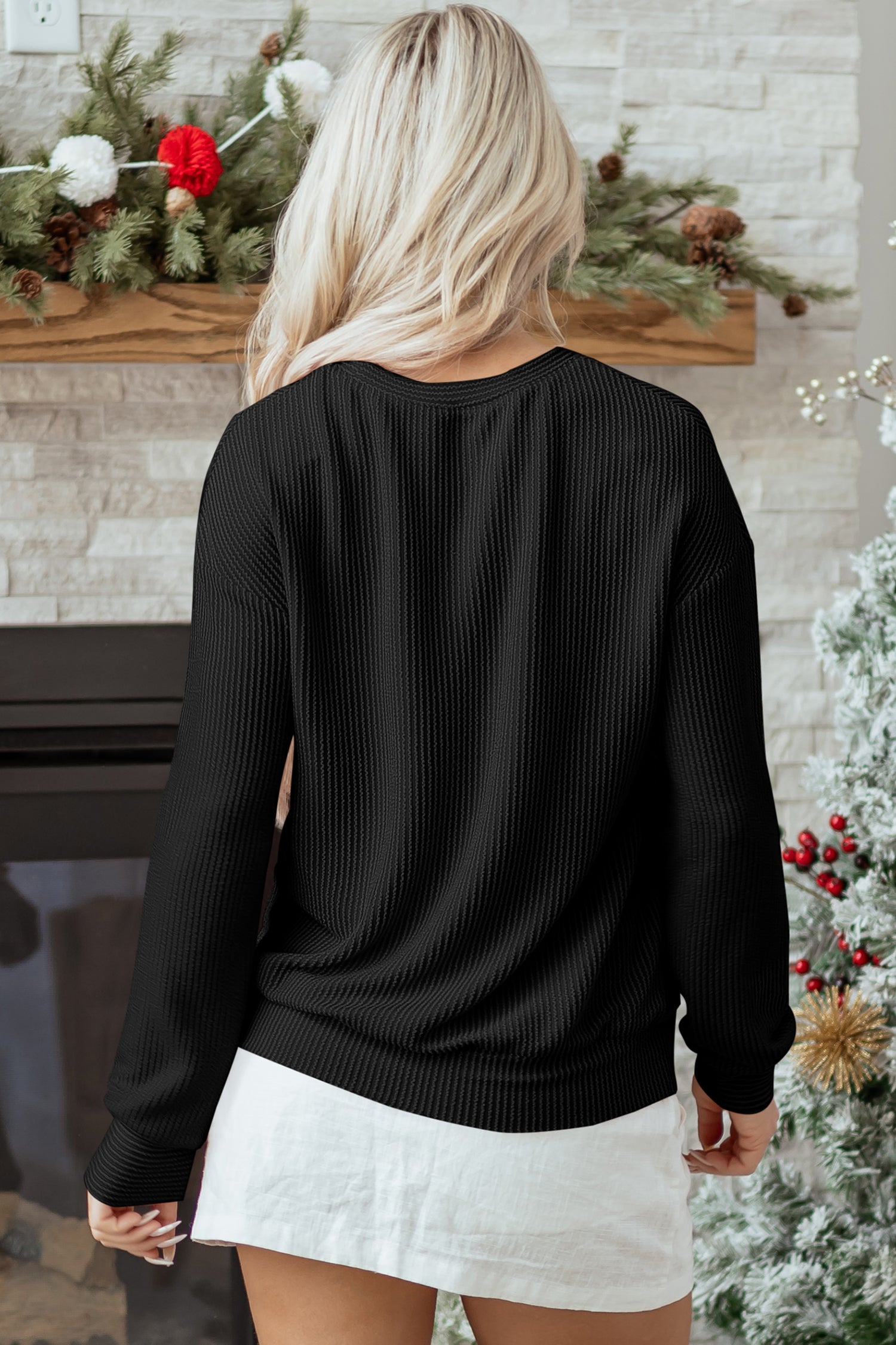 Black MERRY Corded Long Sleeve Top and Pockets Pants Set