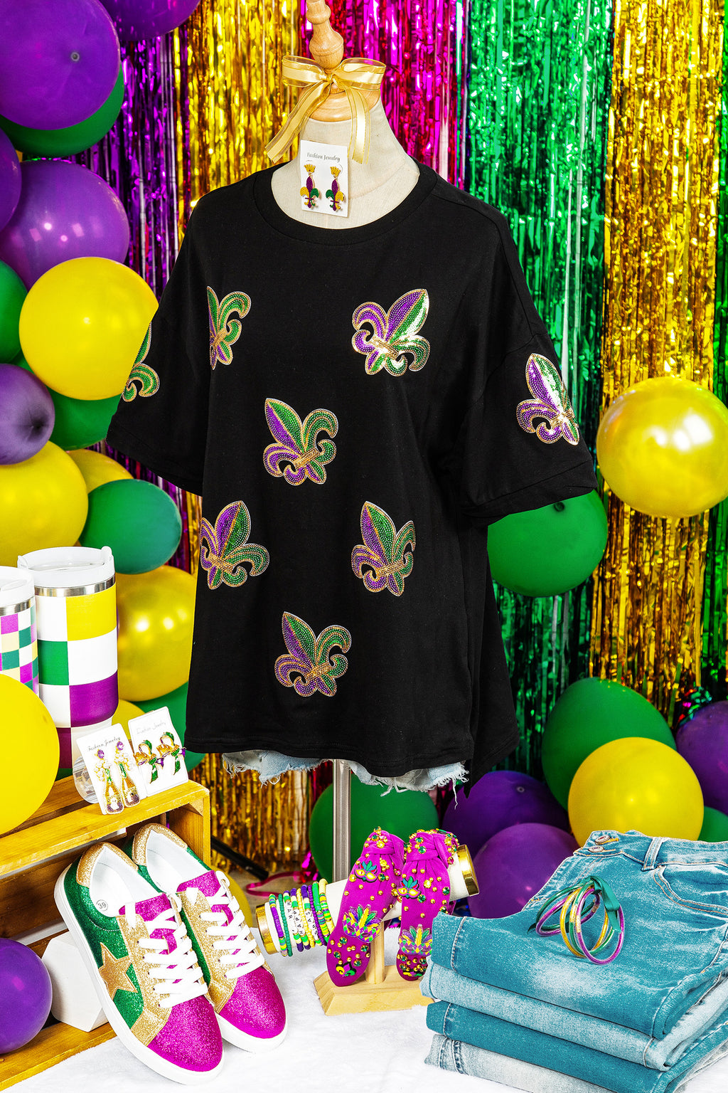 Black Sequin Mardi Gras Fleur De Lis Oversized T Shirt