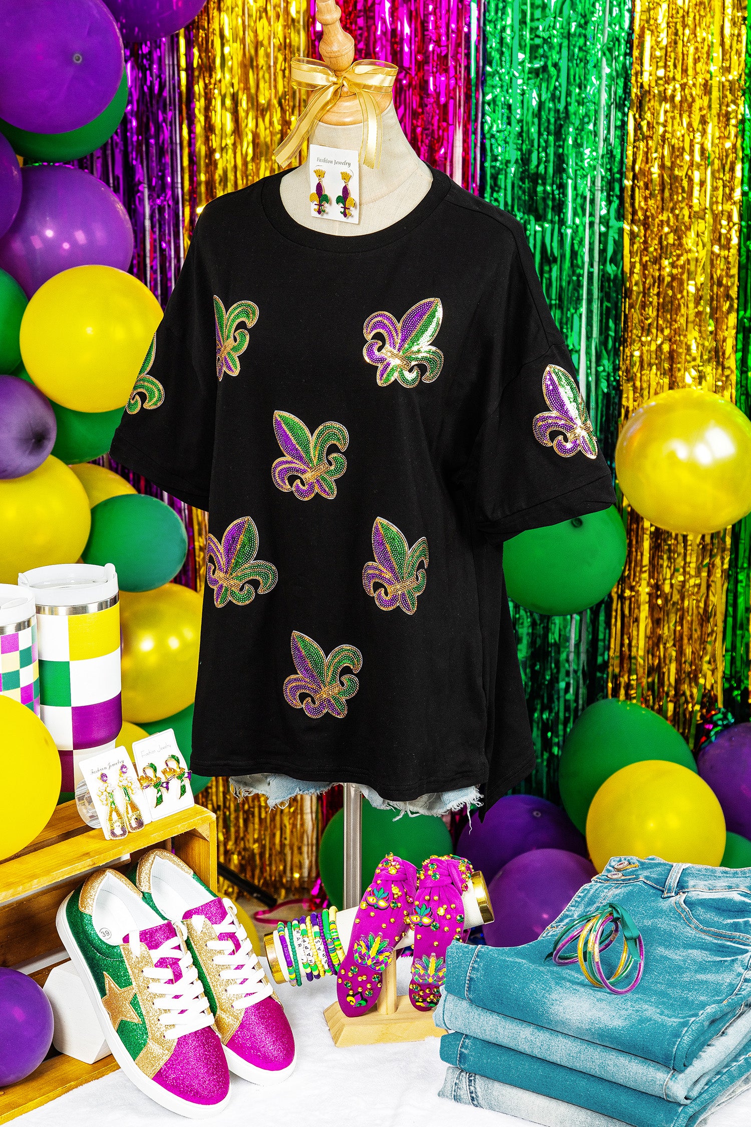 Black Sequin Mardi Gras Fleur De Lis Oversized T Shirt