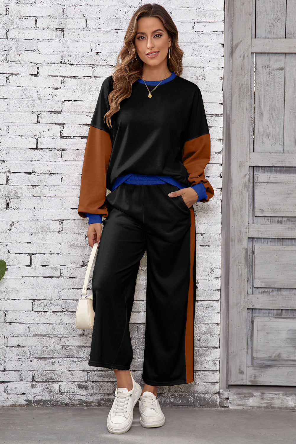 Apricot 2pcs Color Block Pullover Loose Pant Set