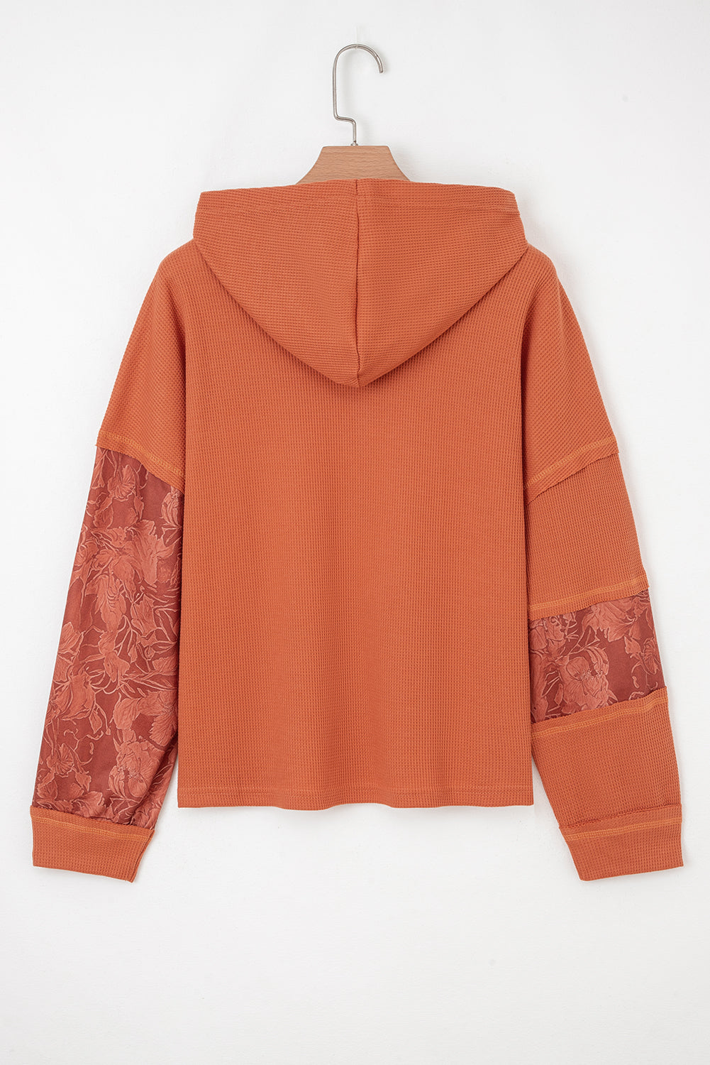 Gray Waffle Printed Patchwork Drawstring Hooded Long Sleeve Top