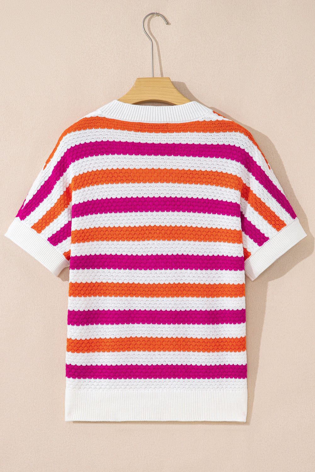 Rose Stripe V Neck Short Sleeve Sweater with Side Slits