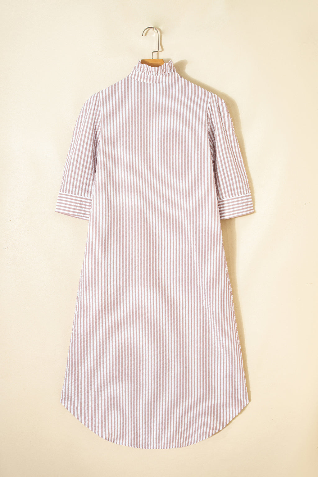 Khaki Stripe Frilled Collar Half Sleeve Shirt Maxi Dress
