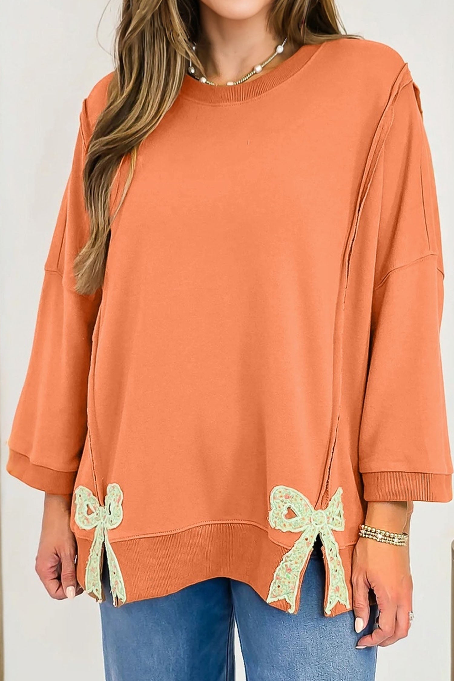 Beige Plus Size Raw Seam Detail Floral Bow Patched Baggy Pullover