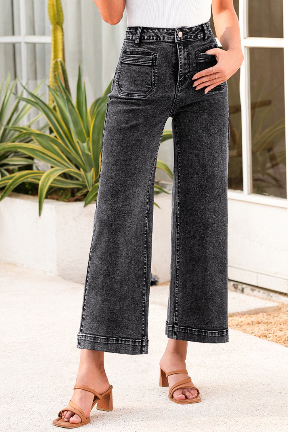 Light Blue Chic Patch Pocket Straight Leg Loose Jeans