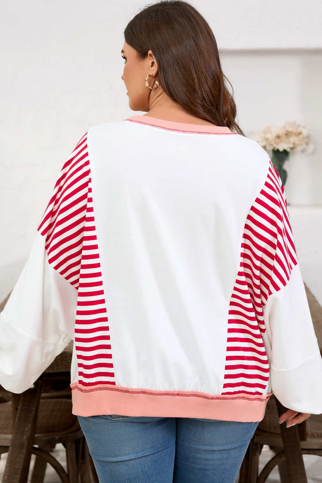 Red Stripe Colorblock Patchwork Contrast Stitching Oversize Sweatshirt