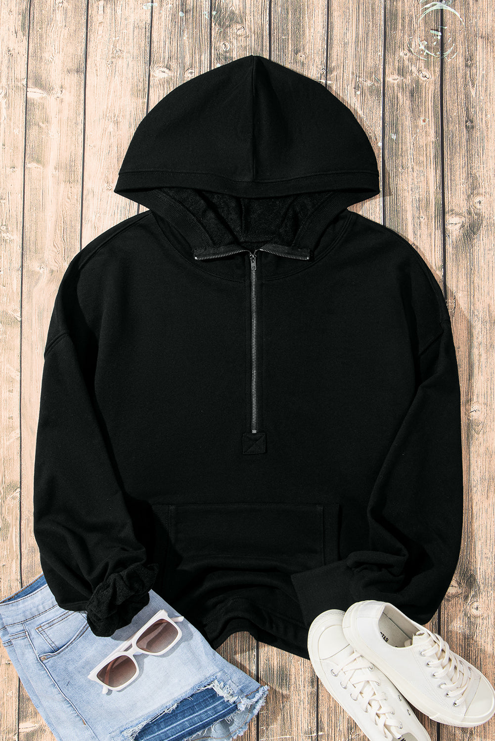 Light Grey Solid Kangaroo Pocket Half Zipper Oversized Hoodie