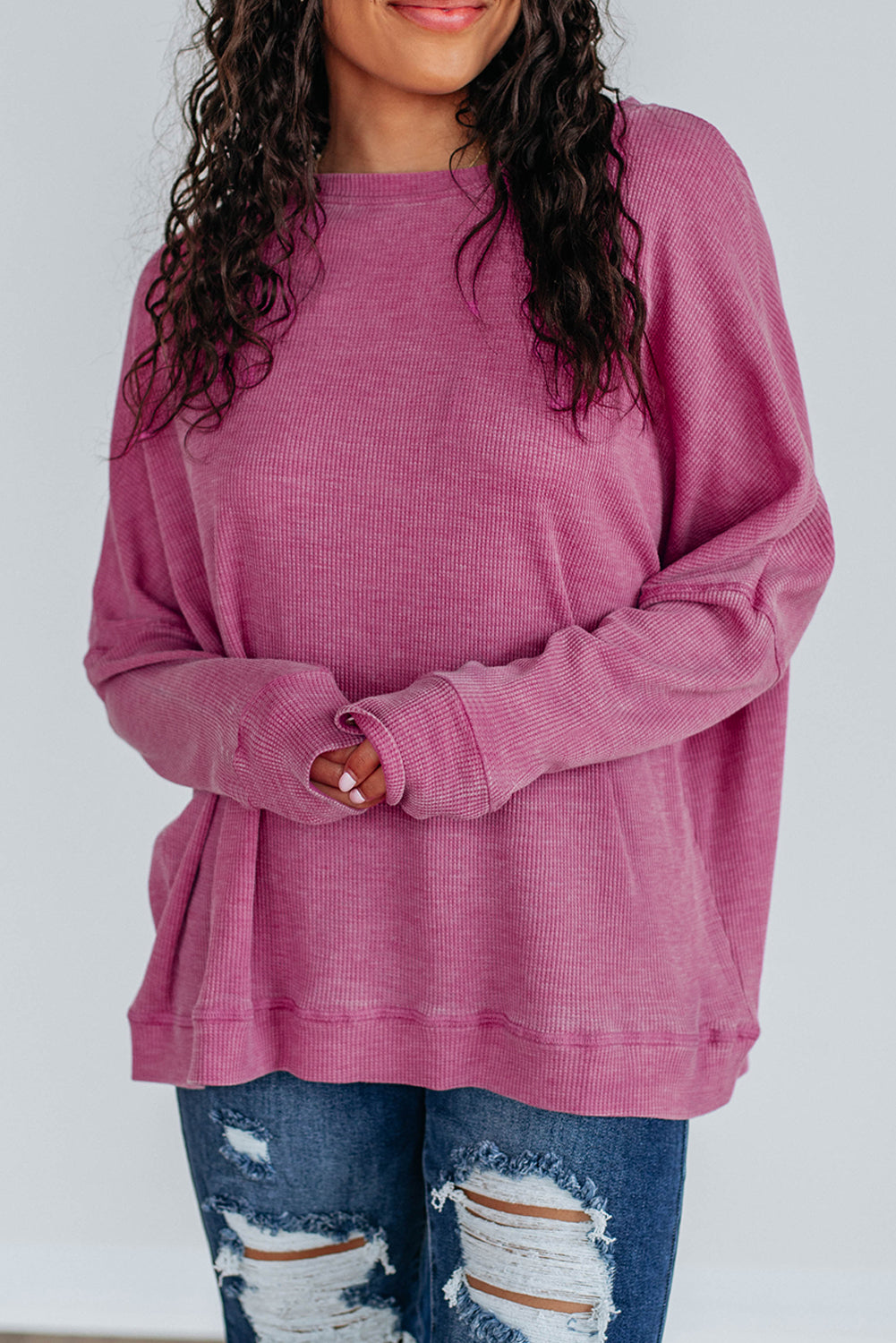 Dark Brown Waffle Knit Patchwork Long Sleeve Loose Top