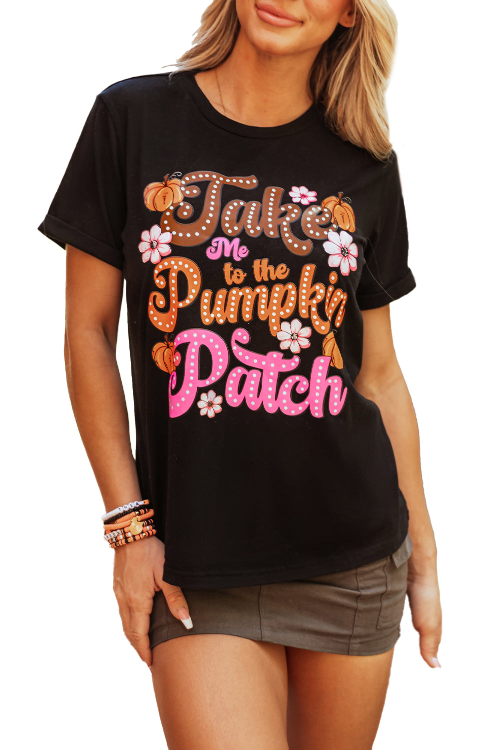 Black Halloween Ghost Pumpkin Print Crew Neck T Shirt
