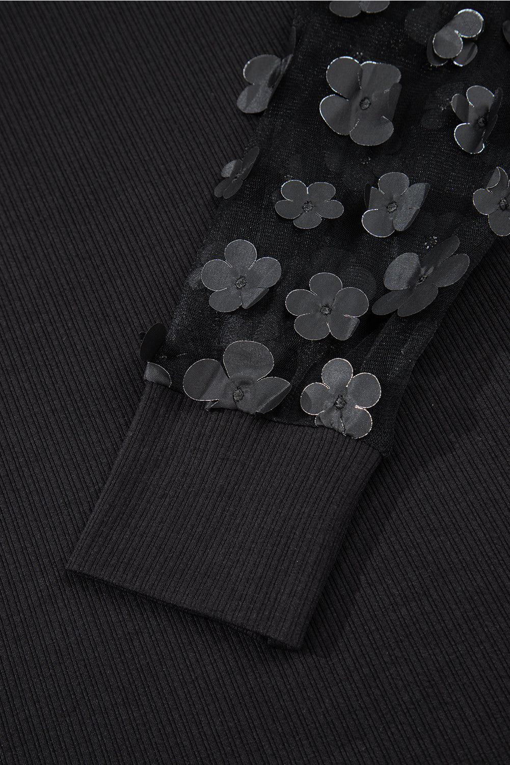Black Flower Applique Mesh Long Sleeve V Neck Blouse