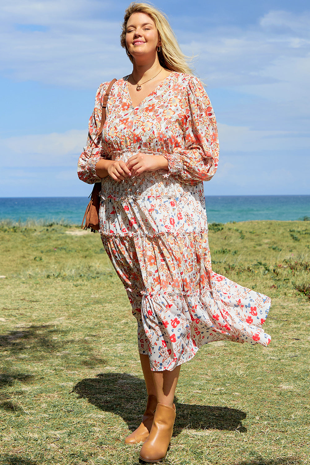 Khaki Floral Print Ruffled Tiered Long Sleeve V Neck Midi Dress