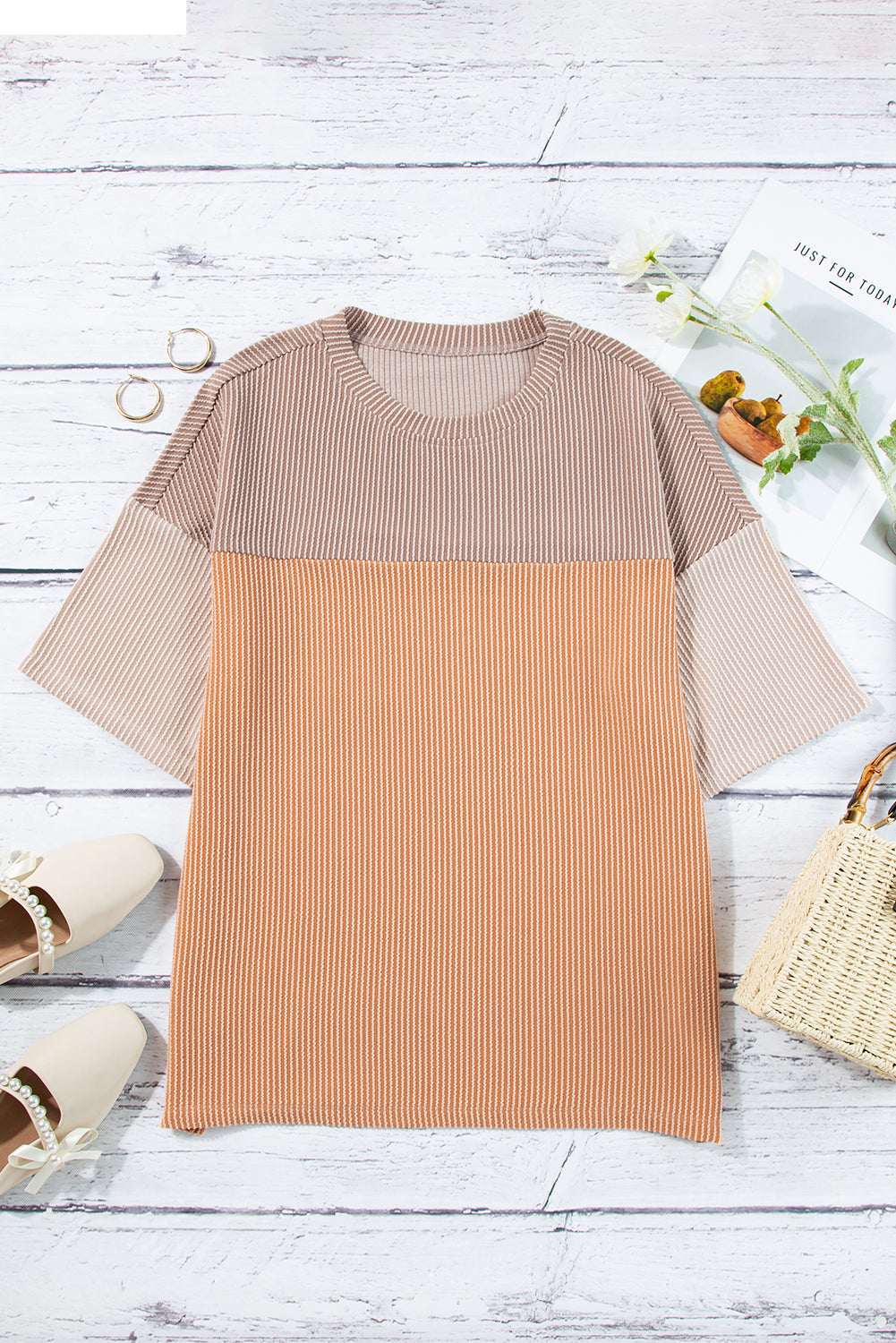 Pink Color Block Ribbed Side Slits Half Sleeve Top