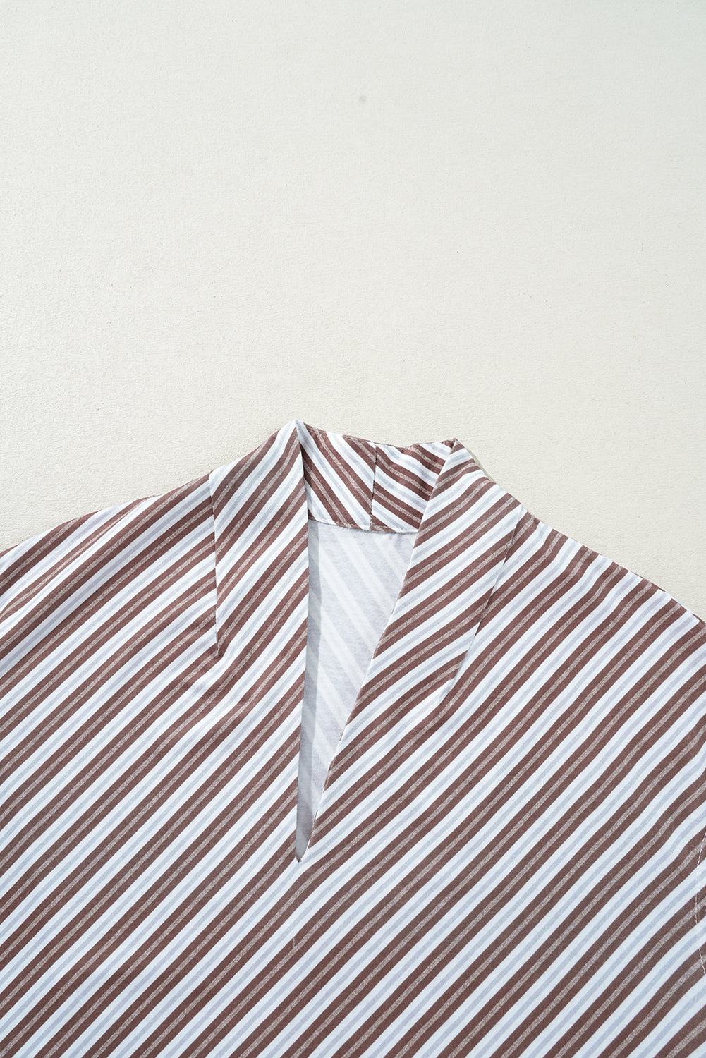 Chestnut Striped Stand V Neck Short Sleeve Blouse