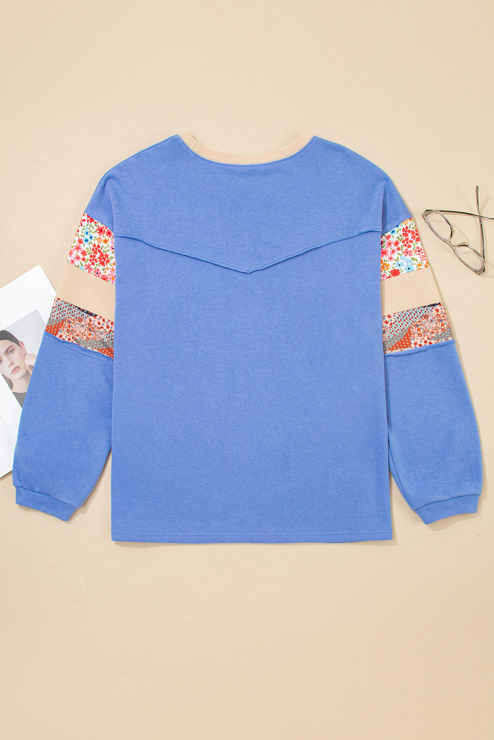 Khaki Exposed Seam Floral Mixed Patchwork Relaxed Plus Size Top