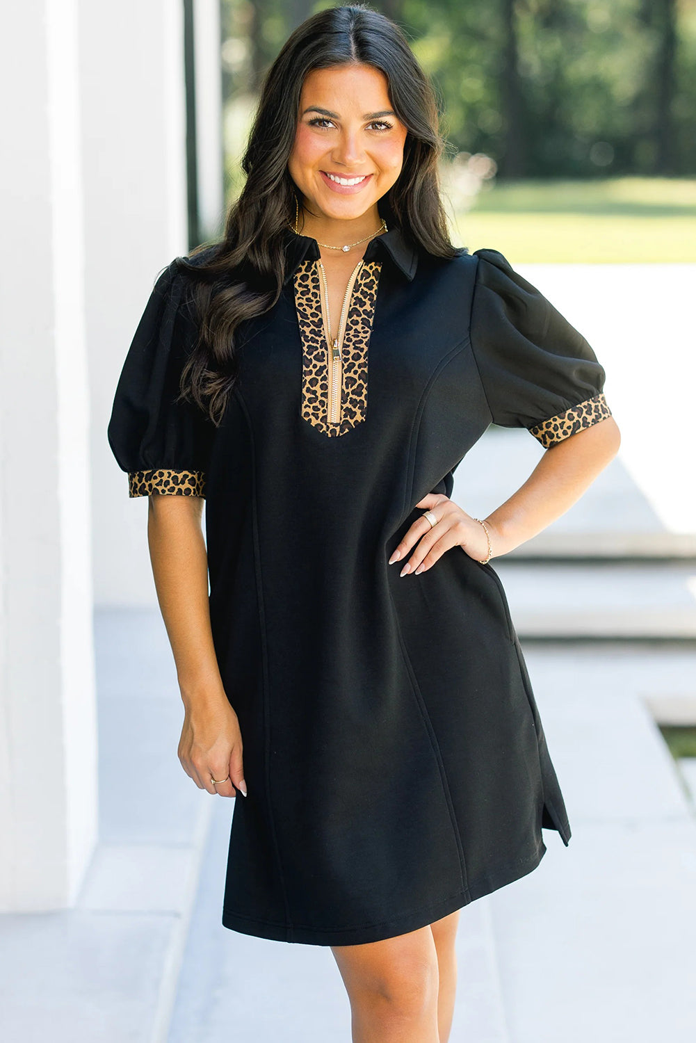 Sea Green Leopard Patchwork Detail Quarter Zip Collared Plus Size Mini Dress