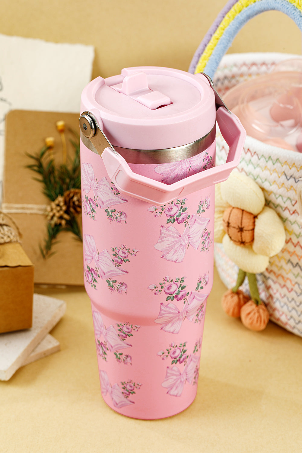 Pink 30OZ Bow Floral Print Flip Handle Straw Tumbler