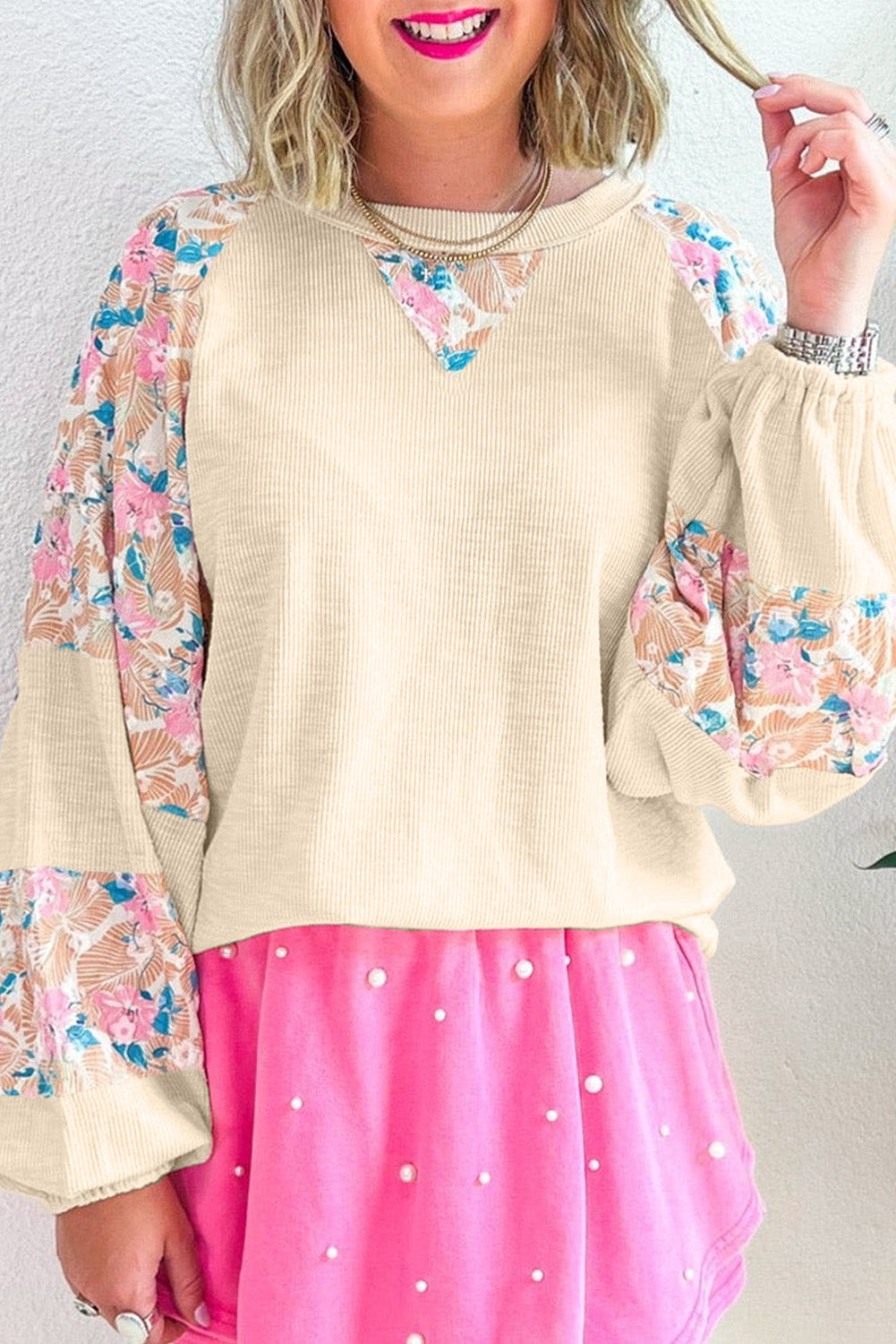 Apricot Plus Size Floral Patchwork Ribbed Puff Sleeve Top