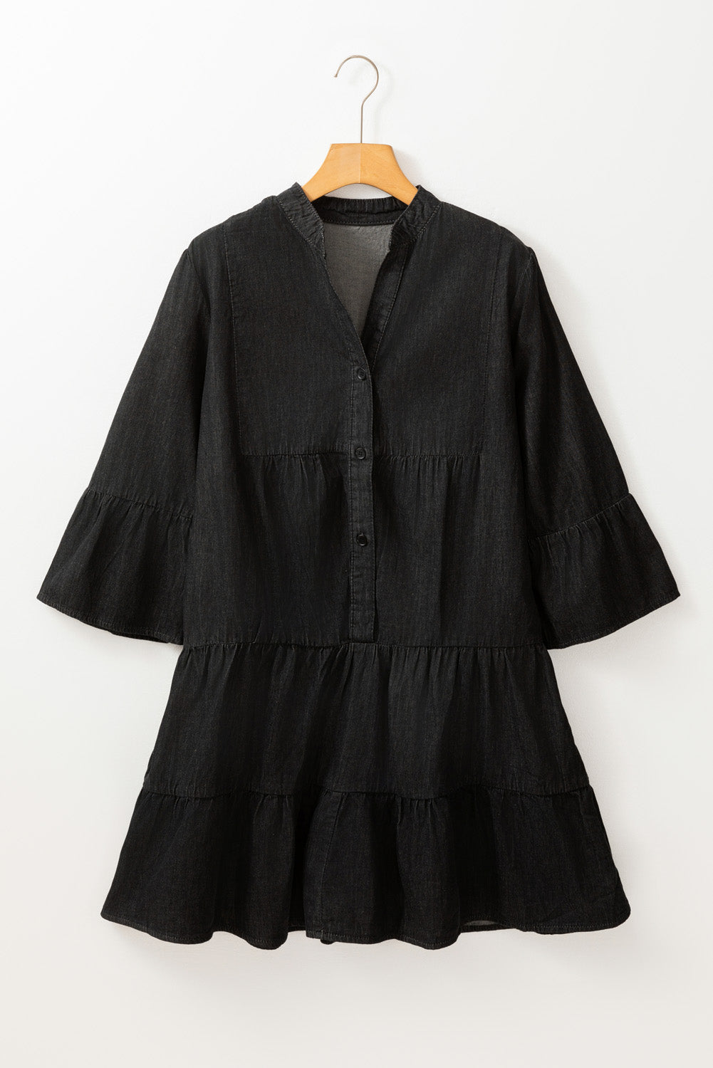 Sky Blue Chambray Ruffled 3/4 Sleeve Tiered Split V Neck Mini Dress