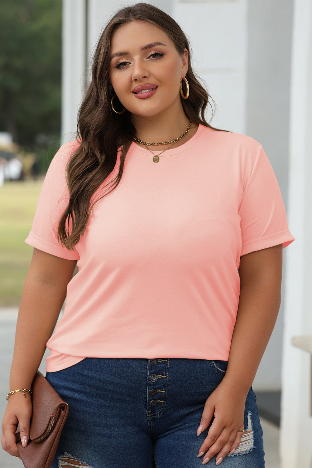 Khaki Casual Plain Crew Neck Tee