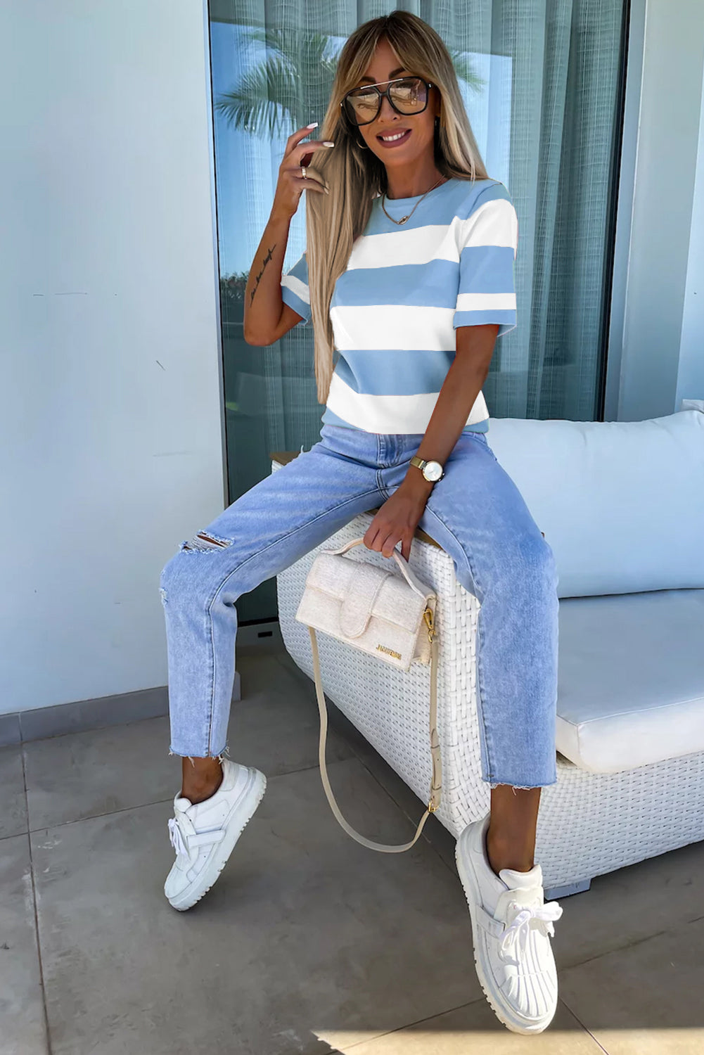 Pink Stripe Colorblock Striped Knitted T shirt
