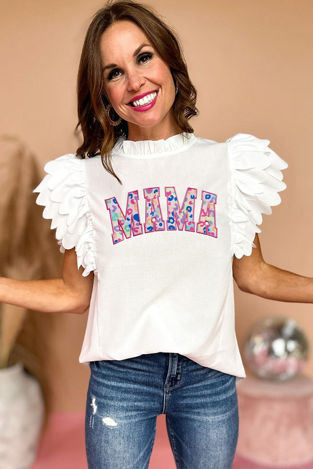 Bright Pink Solid Color Scalloped Ruffle Sleeve Top